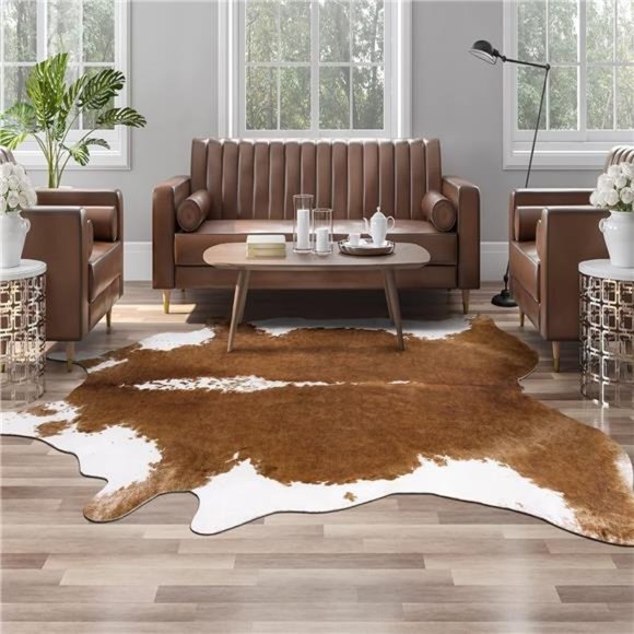 Premium Faux Cowhide Rug 4.6 x 5.2 Feet, Durable and Large Size Cow Print Rugs - Picture 1 of 6
